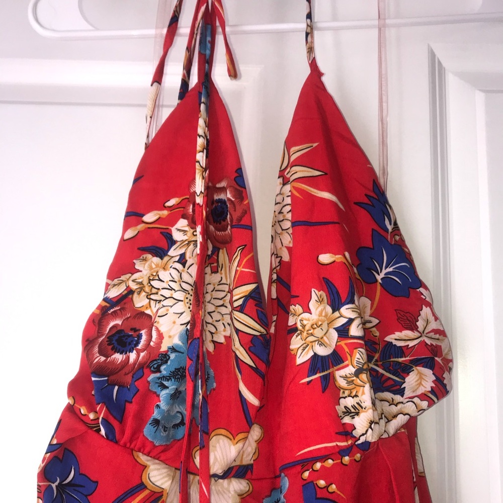 Halter Red Floral Print Beach Coverup